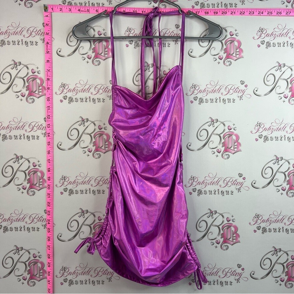 No vacancy dress, shiny metallic Shimmery Fuchsia Halter Ruched Mini lace up